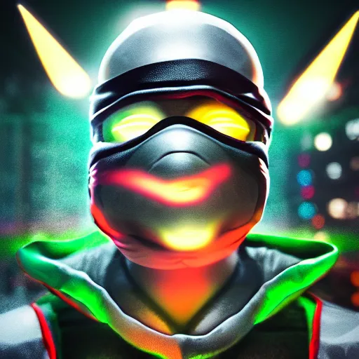 Image similar to raphael ninja turtle portrait, synthwave, neon, cinematic, volumetric lighting, f 8 aperture, cinematic eastman 5 3 8 4 film, photorealistic