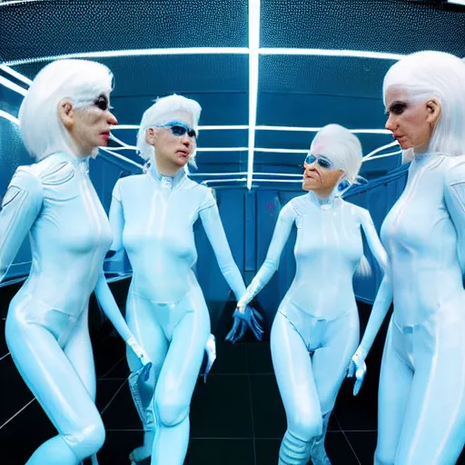 Image similar to troop of freak show women with white hair, white hair, tight light blue neopren suits, futuristic production facility, sci - fi, highly detailed, cinematic