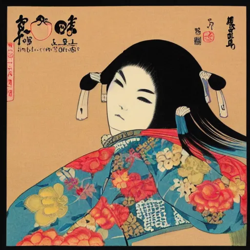 Prompt: an album cover for a female japanese folk artist, 1 9 7 6