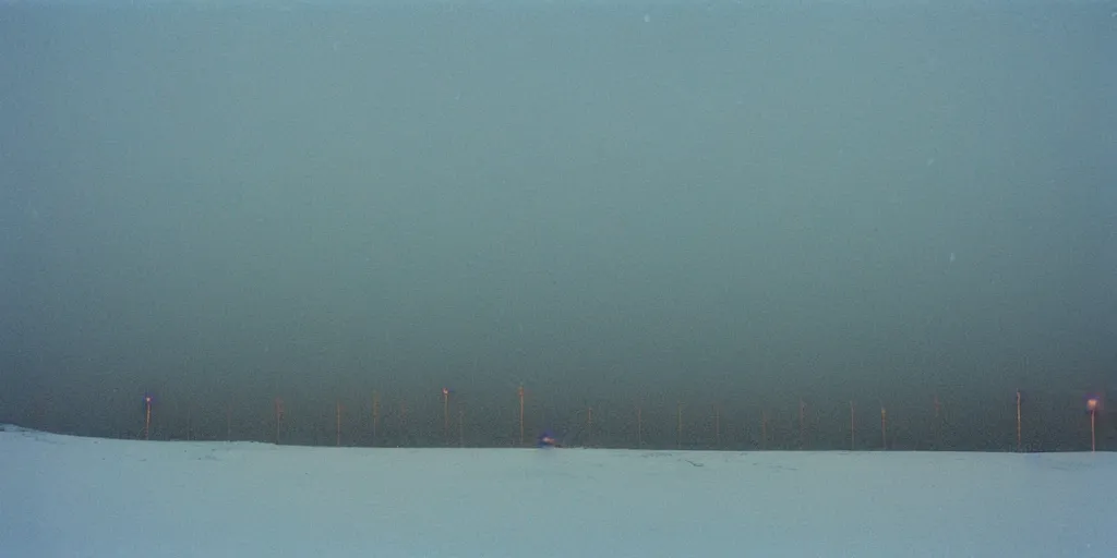 Image similar to photo of mongolian steppe during a snowstorm. three oil derricks in midground. cold color temperature. blue hour morning light, snow storm. hazy atmosphere. humidity haze. kodak ektachrome, greenish expired film, award winning, low contrast.