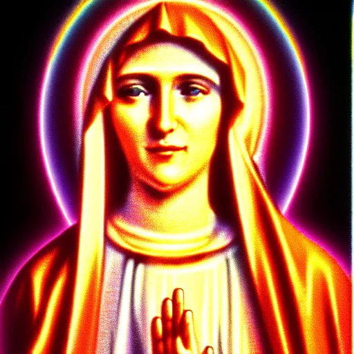 Prompt: vhs static overlay of virgin mary, vhs, 1 9 9 0, highly realistic, highly detailed