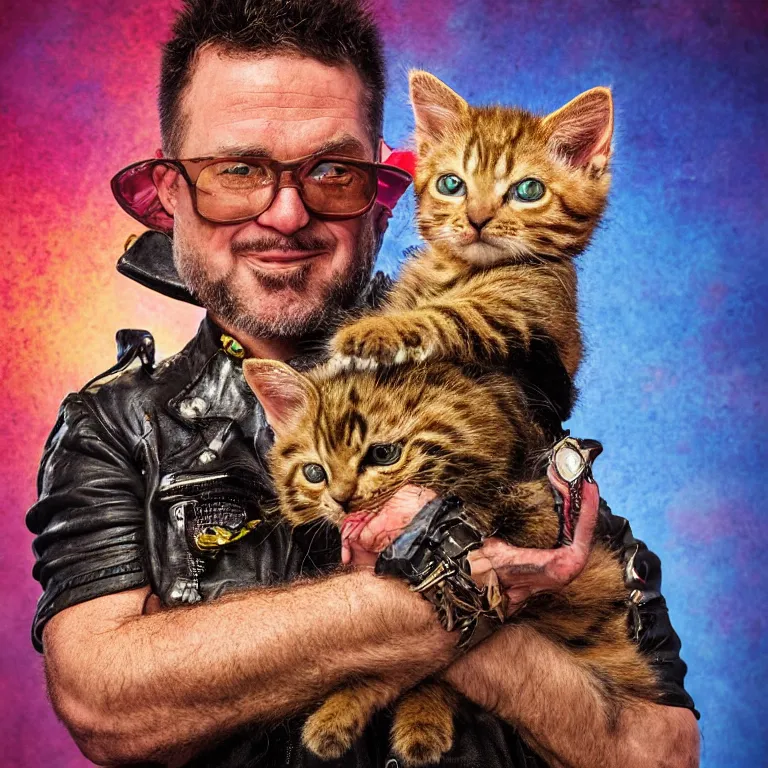 Prompt: close - up octane render portrait by wayne barlow and carlo crivelli and glenn fabry, a big bad biker dude, holding cute kitten, inside a colorful highly - themed biker bar, very short depth of field, bokeh