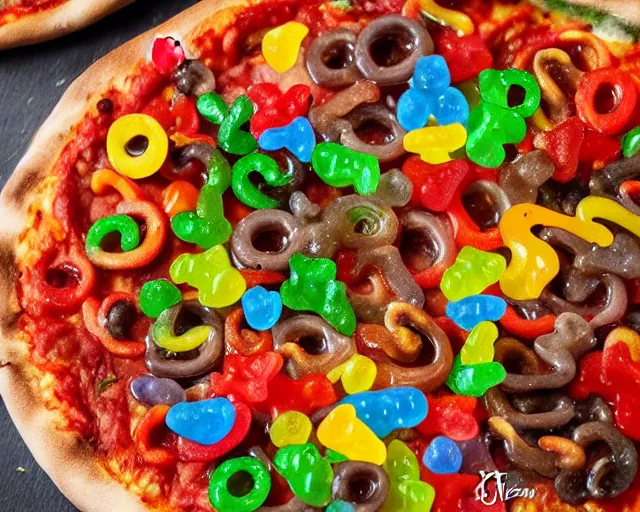 Prompt: pizza with gummy bears and gummy snakes and other candues as toppings, professional food photography, tasty