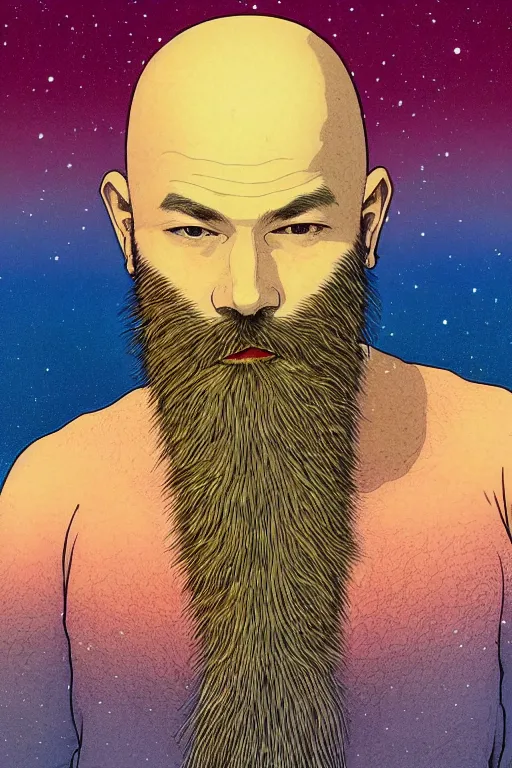 Image similar to a colorful closeup portrait of a young bald man with a very long wild beard dreaming psychedelic hallucinations in the vast icy landscape of antarctica, by kawase hasui, moebius and edward hopper, colorful flat surreal design, hd, 8 k, artstation