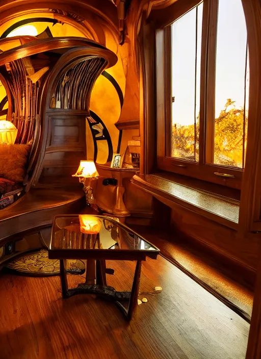 Prompt: an incredibly beautiful scene from a 2 0 2 2 marvel film featuring a cozy art nouveau reading nook in a fantasy treehouse interior. an end table with a lamp. golden hour. 8 k uhd.