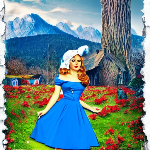 Prompt: giant alice in wonderland, pin up, houses, trees, mountains, woman, city, digital art, photo, blue dress, photoshop, flowers, collage