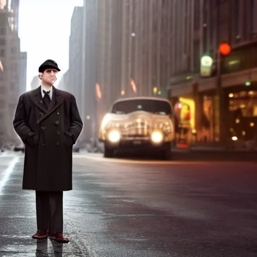 Image similar to an brown haired man with a squarish chin wearing a 1 9 4 0's noire detective outfit, standing in the streets of chicago at night, photography 4 k, octane render, highly realistic photograph