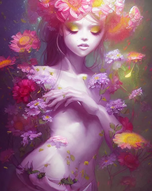 Image similar to a painting of a beautiful huggy wuggy surrounded by flowers, an ultrafine detailed painting by ross tran, centered full body, featured on deviantart, fantasy art, detailed painting, deviantart, anime