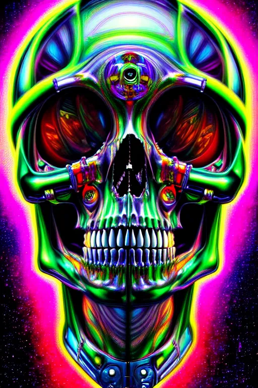 Image similar to maximalist detailed scifi robot skull portrait. lowbrow scifi artwork by kidsquidy. ray tracing hdr polished sharp in visionary psychedelic fineart style inspired by alex grey and cameron gray