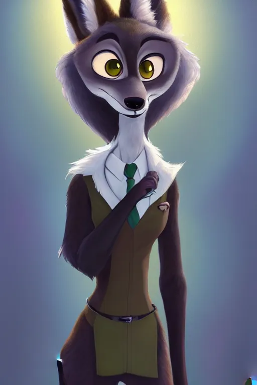 Image similar to oil painting of anthromorphic female wolf, in style of zootopia, female fursona, furry, furaffinity, 4 k, deviantart, furry art, fursona art, wearing black business suit, business suit, wolf fursona, female, smug expression,