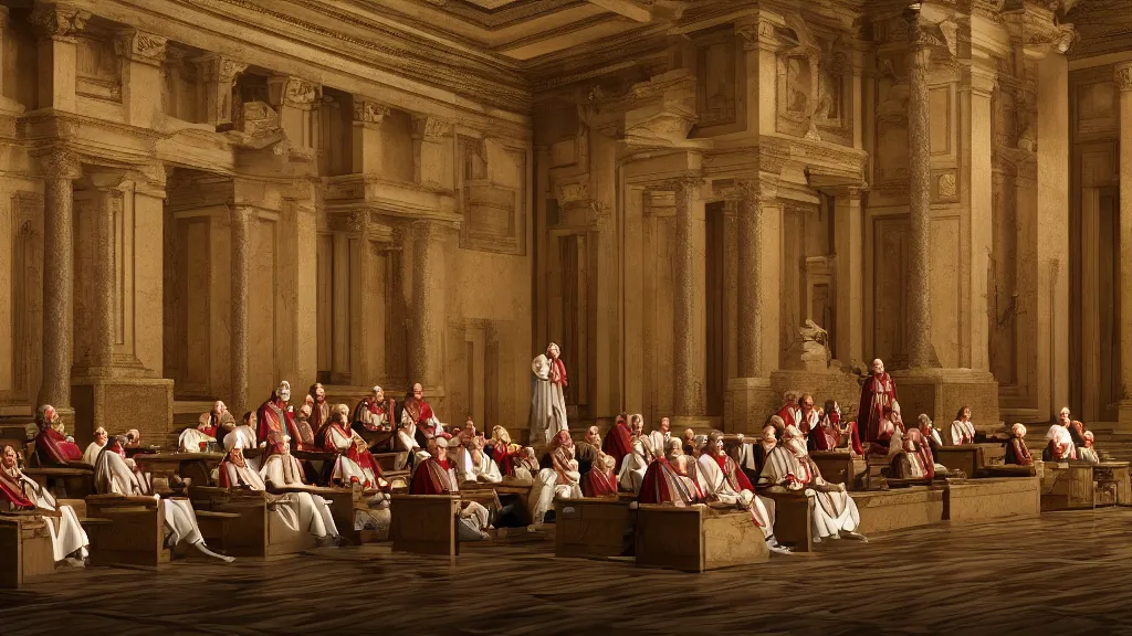 Prompt: roman senators in the curia julia sitting around a roman emperor standing on a stand, volumetric lighting, hd, hdr, cinematic 4 k wallpaper, 8 k, detailed, high resolution, artstation, early medieval, realistic, roman, senate, cult