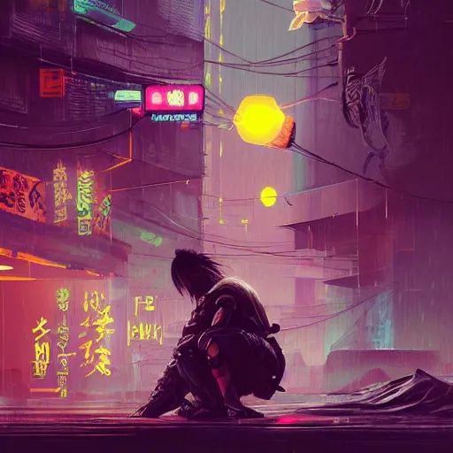 Prompt: illustration of a worn out samurai that got time travelled to a futuristic colonized Martian city, protecting his daughter from robot samurai, rainy day, neon glow concept art, sharp focus, cyberpunk 2077, steam punk, scifi, octane render, art by Ilya Kuvshinov, wallpaper, highly detailed, anime key visual, warm colors, epic landscape, HD digital art, artstation