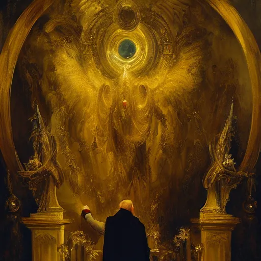 Image similar to ornate painting of a Catholic Priest in flowing golden vestments elevating the host over the alter, a portal to the sky opening behind him as a host of angels descend upon the pews, by Jeremy Mann and Jason Jenicke, detailed, realistic, loose brush strokes, intricate, beautiful, stylized, dramatic, incredible, sense of scale