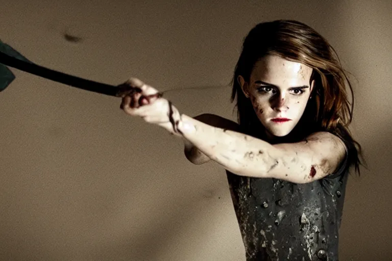 Image similar to Emma Watson as a killer in a psychological horror movie, cinematic lighting, blood droplets, holding an axe, creepy