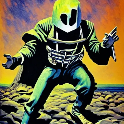 Prompt: mf doom by edmund emshwiller, action pose