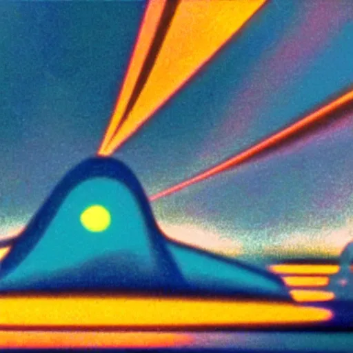 Prompt: futuristic angular neon pastel cityscape, still frame from Fantasia (1940)