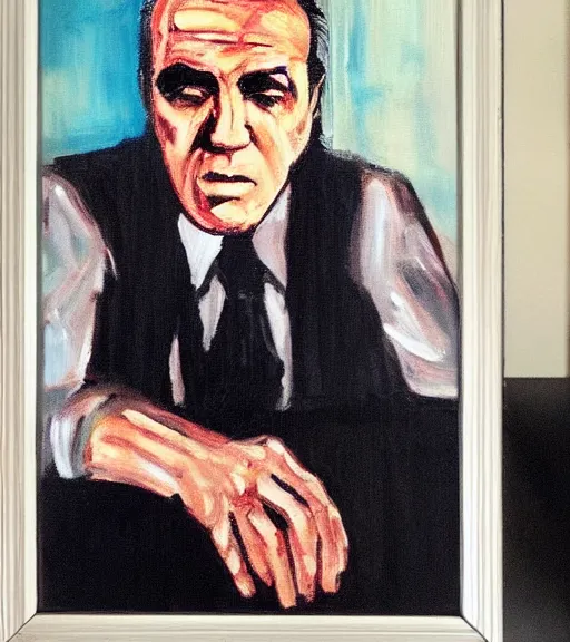Image similar to framed portrait painting of paulie walnuts sitting at a mafia table