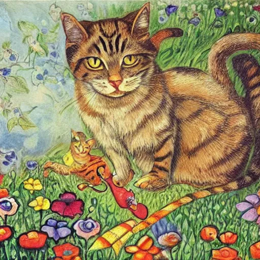 Prompt: a cat and mouse, fantasy art, louis wain