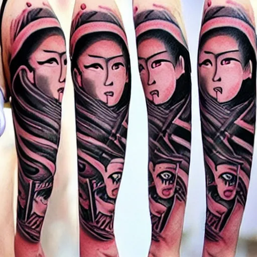 Prompt: japanese female samurai anime ninja schoolgirl, chibi, tattoo on upper arm