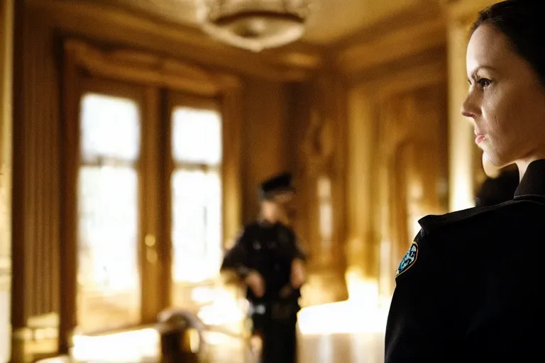 Prompt: cinematography closeup portrait of a beautiful woman cop talking to her shoulder radio in an decadent mansion foyer by Emmanuel Lubezki