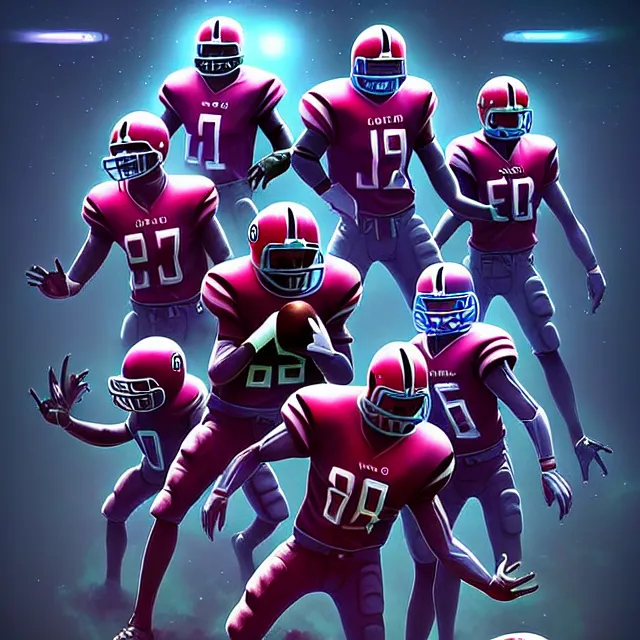 Image similar to epic professional digital art of an American football team of aliens, best on artstation, cgsociety, wlop, cinematic, breathtaking, epic, stunning, gorgeous, much detail, much wow, masterpiece