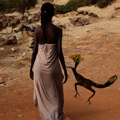 Image similar to man plays darbuka, beautiful bellidancer girl walks around Socotra among endemic plants, flowers and snags in a long transparent flowing dress and meets mystical animals, mystical insects, mystical birds, lizards, snakes, gorgeous, hypnotic dimensions, ruan jia, steve mccurry, Zdzislaw Beksinski style, sharp focus, intricate concept art, digital painting, ambient lighting, 4k, hdt, artstation trending on Gsociety, trending on ArtstationHQ, hyper quality, 16K