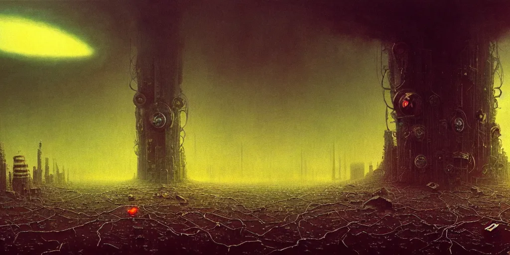 Prompt: the terrible fate of the world after nuclear war, ruined cities, ai robot tendril remnants, biomachine war against humanity, beksinski, giger, ambient art wallpaper popular on artstation