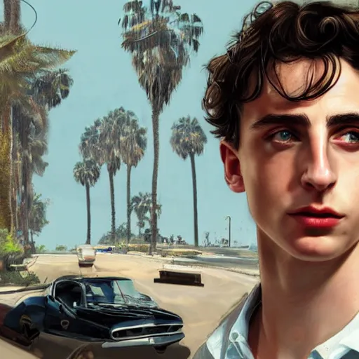 Image similar to timothee chalamet in gta v, cover art by stephen bliss, artstation, no text