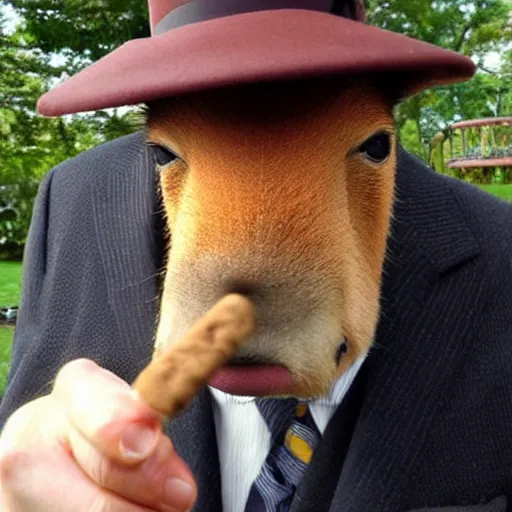 Prompt: smoking cigar, a man wearing a suit capybara head wearing a hat (smoking cigar)