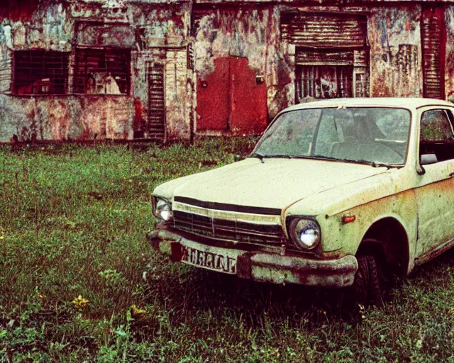 Image similar to a lomographic photo of old lada 2 1 0 7 standing in typical soviet yard in small town, hrushevka on background, cinestill, bokeh