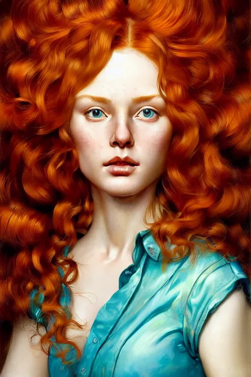 Image similar to hyper realistic painting portrait of a redhead girl with flowing curls and closed eyes, golden skin and turquoise background, hyper detailed face by stjepan sejic, by norman rockwell, by michael hussar, by roberto ferri, by ruan jia, textured turquoise background