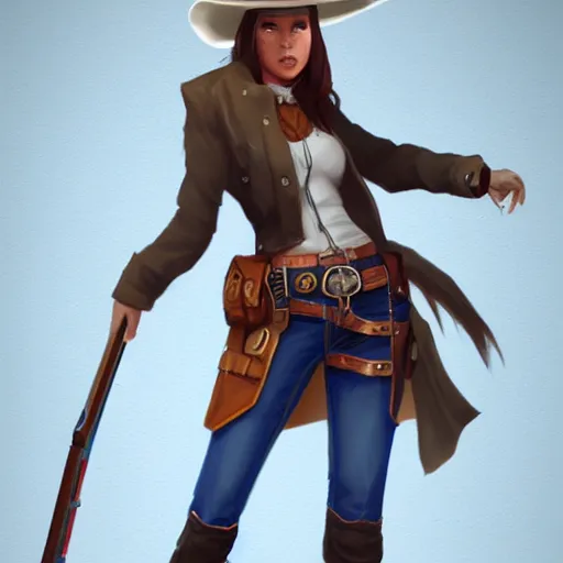 Image similar to full body, female cowgirl, perfect face, long rifle, 8 k, magic the gathering, d & d, artstation