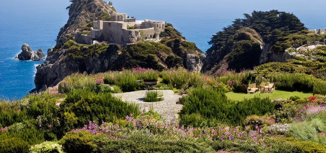 Image similar to castle designed by renzo piano overlooking big sur. landscape design by gertrude jekyll.