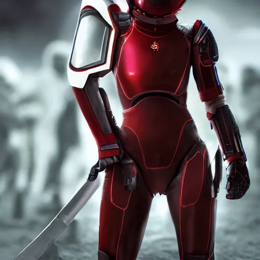 Image similar to a young female soldier, no makeup, in glossy sleek white armor inspired by samus aran, blood stains, dings and scratches, soot marks, long red cape, heroic posture, determined expression, no helmet, on the surface of mars, dramatic lighting, cinematic, sci-fi, hyperrealistic, detailed