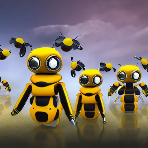 Image similar to a team of bee robots, hyperrealistic, digital art, 4 k