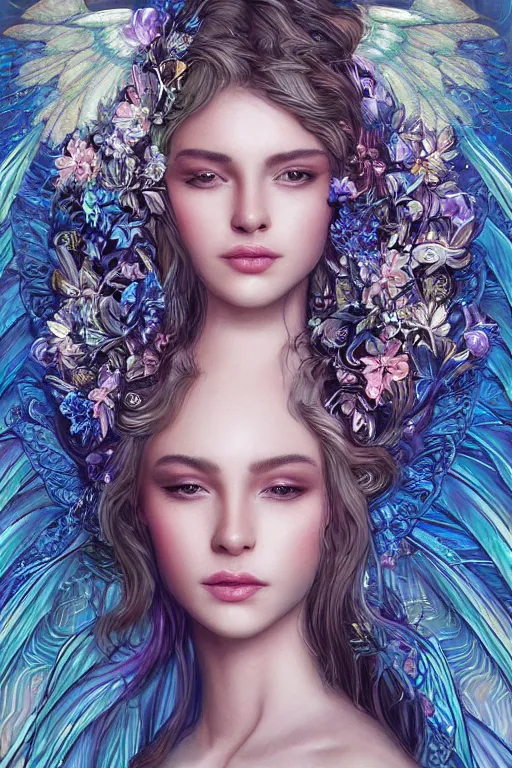 Prompt: beautiful young woman's face, magical, angelic wings, flowers, intricate, synth-wave, retrowave, highly-detailed, elegant, dramatic lighting, gorgeous face, lifelike, photorealistic face, long luxurious intricate gown, digital painting, artstation, illustration, concept art, smooth, sharp focus, art by Craig Russel, Barry Smith, artgerm, and Albert Aublet and Krenz Cushart and Artem Demura and Alphonse Mucha