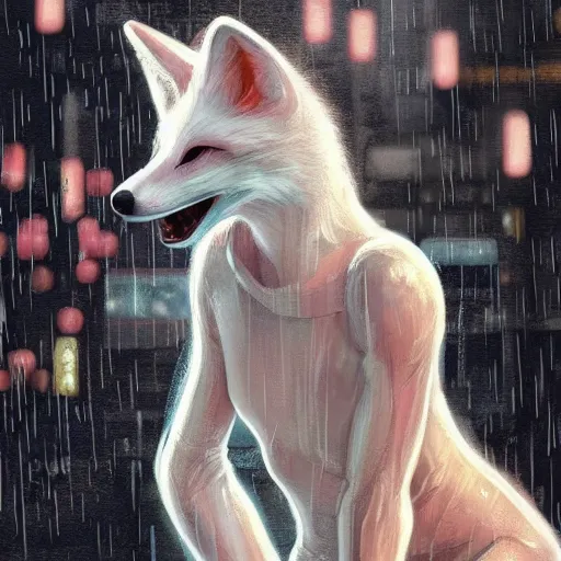 Image similar to white anthropomorphic female vulpes vulpes fulva, eating ramen from a bowl, in the rain by a noodle kiosk, in crowded and wet street of a city, cyberpunk, harsh neon lights, highly detailed, digital painting, trending on artstation, concept art, sharp focus, illustration, art by artgerm and greg rutkowski and magali villeneuve