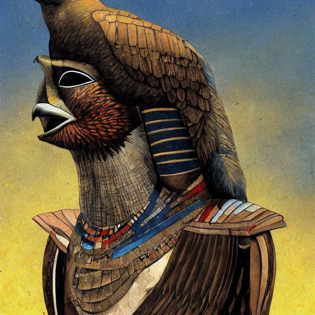 Prompt: rough painting of Horus the falcon headed egyptian god, by Enki Bilal, by Dave McKean