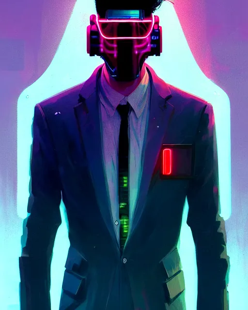 Image similar to cyberpunk synth, hyper - realistic portrait of a man in a suit with detailed neon mask, cyberpunk, intricate, digital painting, by atey ghailan, by greg rutkowski, by greg tocchini, by james gilleard, by joe fenton, by kaethe butcher, dynamic lighting, gradient light blue, lighting color scheme, sharp focus, grunge aesthetic