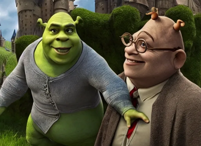 Image similar to a film still of professor shrek in harry potter