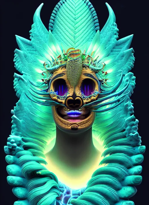 Image similar to 3 d goddess profile portrait, sigma 5 0 0 mm f / 5. beautiful intricate highly detailed quetzalcoatl skull and feathers. bioluminescent, plasma, lava, ice, water, wind, creature, thunderstorm! artwork by tooth wu and wlop and beeple and greg rutkowski, 8 k trending on artstation,