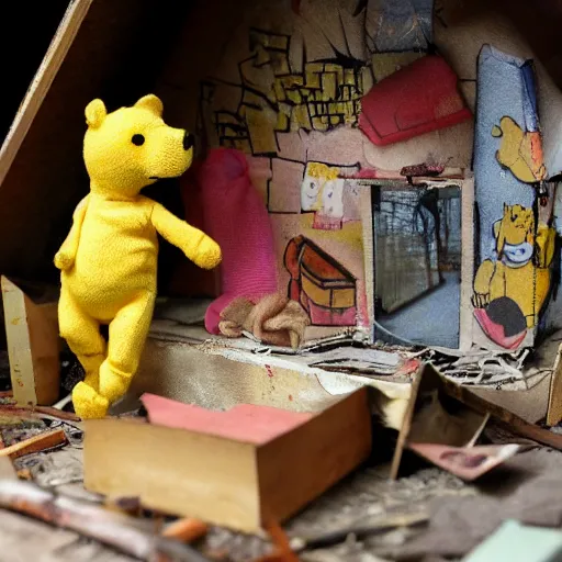 Image similar to Winnie the pooh sock puppet decaying in apocalyptic graffiti dollhouse