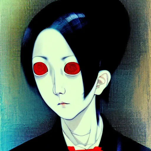 Image similar to yoshitaka amano blurred and dreamy realistic three quarter angle portrait of a woman with white hair and black eyes wearing dress suit with tie, junji ito abstract patterns in the background, satoshi kon anime, noisy film grain effect, highly detailed, renaissance oil painting, weird portrait angle, blurred lost edges