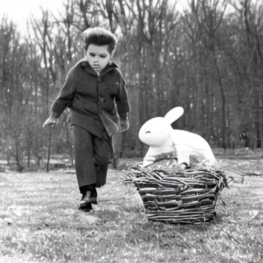 Prompt: historical footage of elvis on an easter egg hunt on easter sunday, 1 9 3 0 s, photorealistic, photo