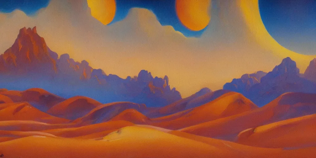 Prompt: Desert stylized landscape dark but happy fantasy surreal oil paint on canvas art deco era