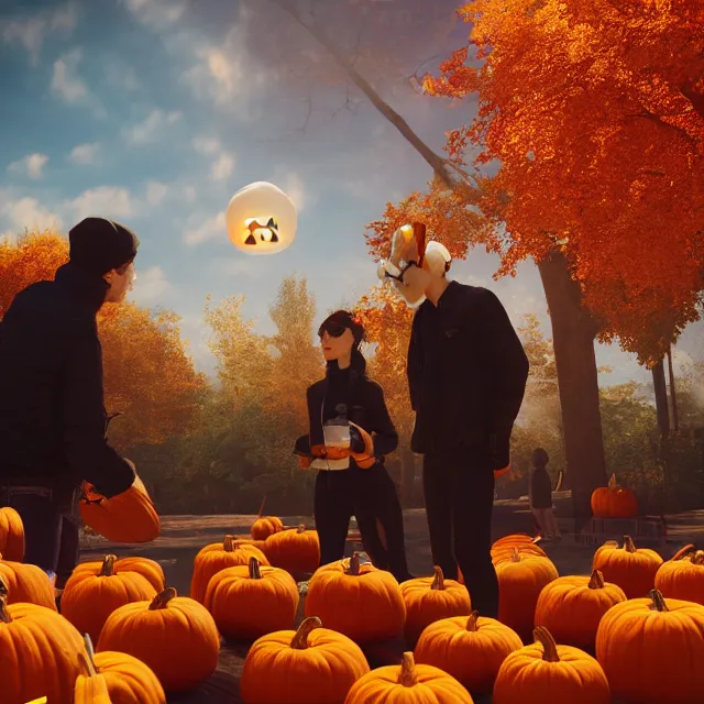 Image similar to pumpkin headed people ordering coffee at a coffee stand, maple trees with fall foliage, volumetric, realistic, cinematic lighting, ray tracing, unreal engine 5, octane render, hyper realistic, photo, 8 k