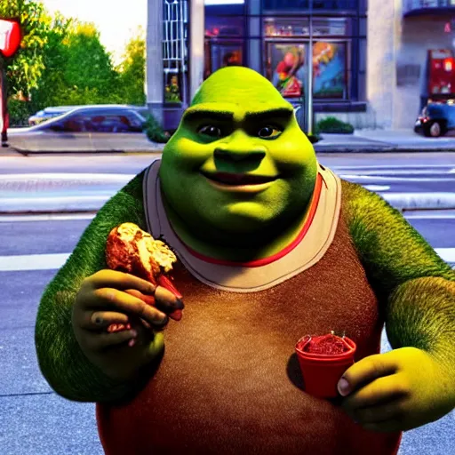 Prompt: fat shrek eating chicken wings outside of mcdonald ’ s in real life, realistic, detailed, 8 k, 4 k uhd, hyper realistic, great detail