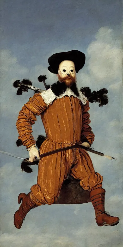 Prompt: faceless man flies over a landscape, he is wearing a comedy mask, he is wearing elizabethan boots and ruff, he carries a broadsword in his left hand, painted by frans hals, dramatic theater lighting
