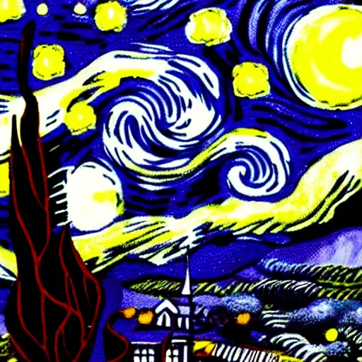 Image similar to Starry night in the style of edward gorey, masterpiece, high quality, digital art