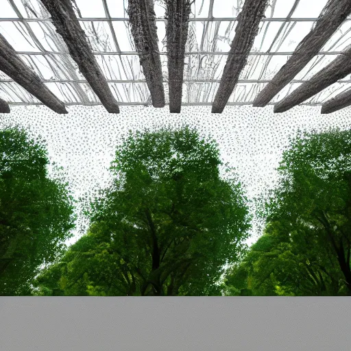 Image similar to Photo of trees standing under a transparent roof, hyper realistic, cinematic, 8k, hyper detailed.